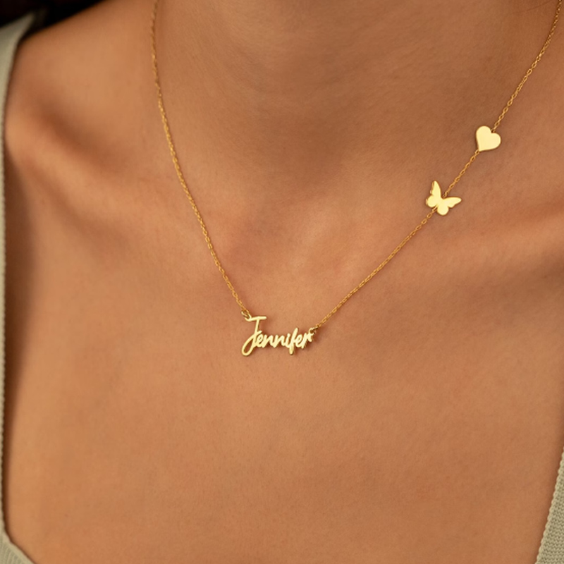 Birth Flower Necklace - Personalized Customized Butterfly Heart Shape Name
